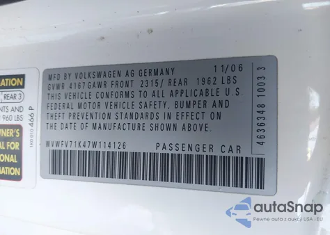 2007 Volkswagen Gti 2-Door/Fahrenheit z USA, uszkodzony, nr VIN WVWFV71K47W114126